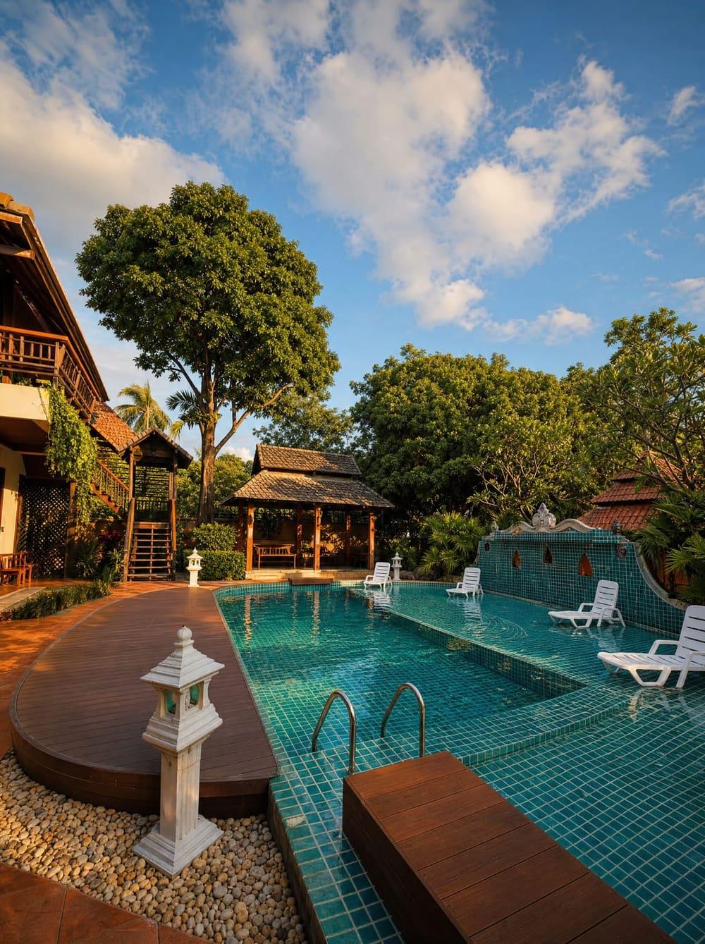 Outdoor pool with Lanna-style gazebo and sun loungers at Jintara Rehab Chiang Mai