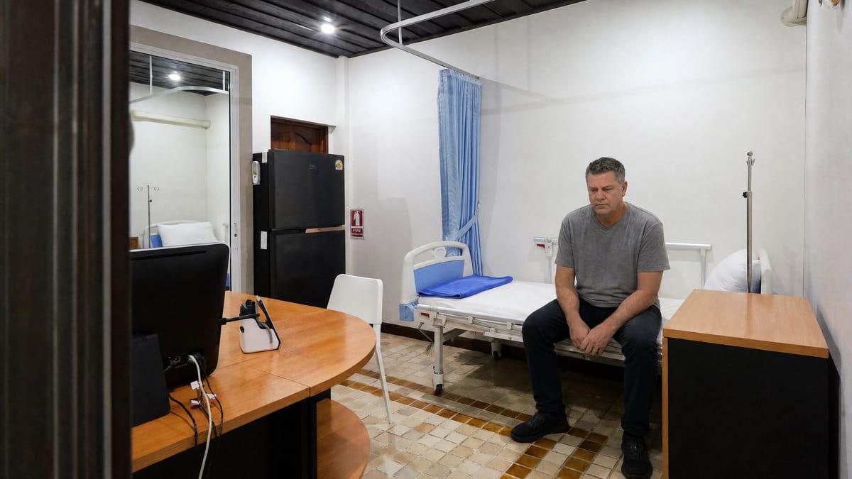 Man seated on the bed in the on-site medical room at Jintara Rehab Chiang Mai
