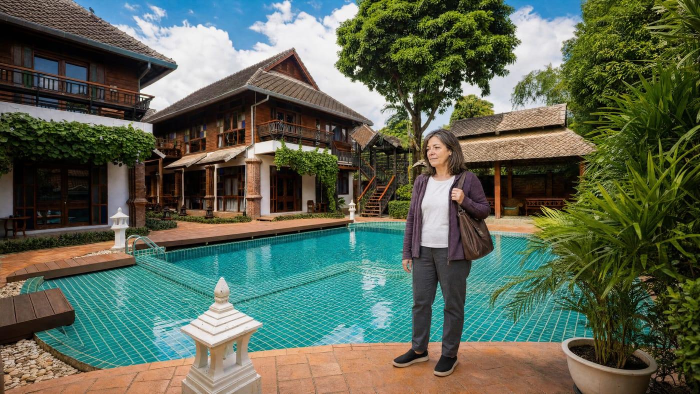 A woman with her travel bag stands by the pool at Jintara Rehab in Chiang Mai, Thailand, seeing the place for the first time at the end of the trip from Australia