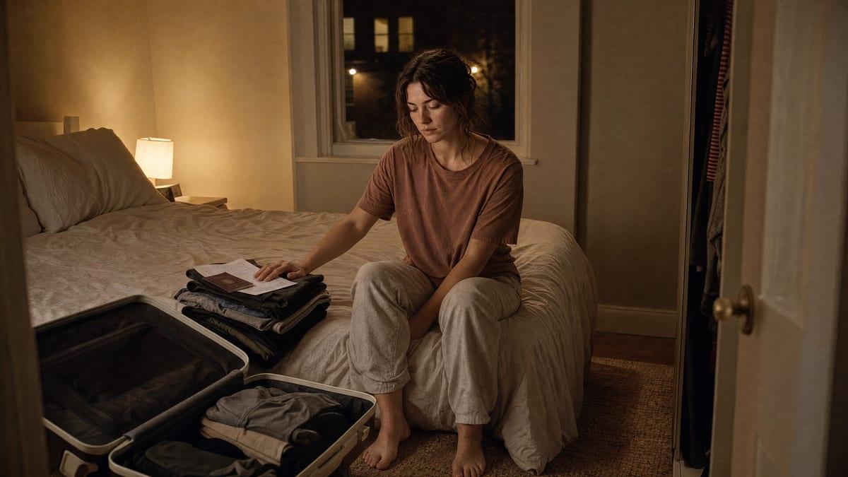 An Australian woman sits on the edge of her bed in Melbourne the night before she flies, an open case on the floor beside her and her passport on the folded clothes