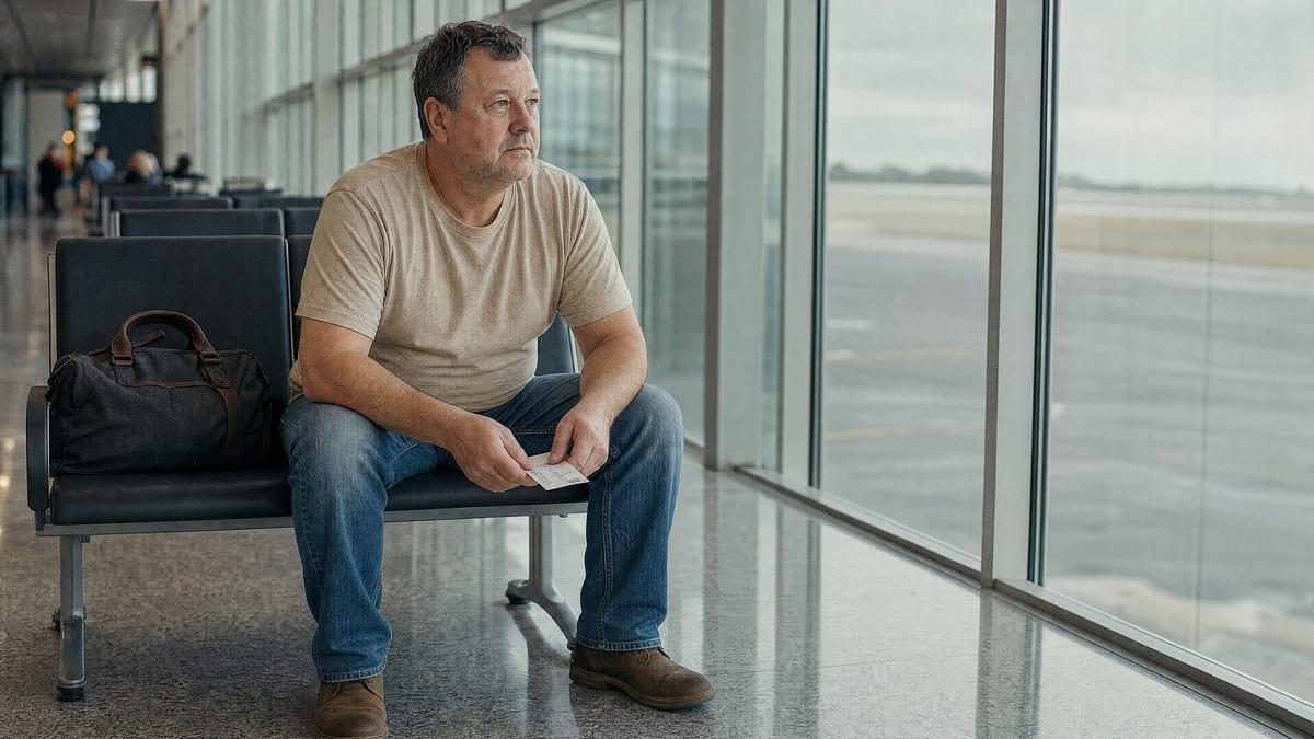 Man waiting at an Australian airport departure gate with a holdall and a boarding pass