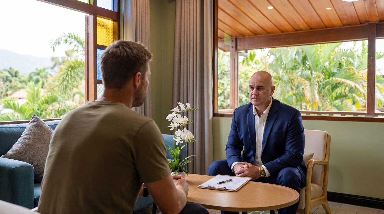 One-on-one clinical consultation with a clinician in a blazer at Jintara Rehab where the benzodiazepine taper schedule is reviewed