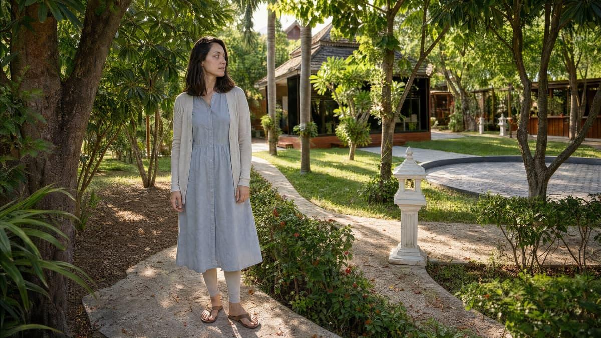 Woman walking a shaded garden path between buildings at a rehab in Chiang Mai Thailand
