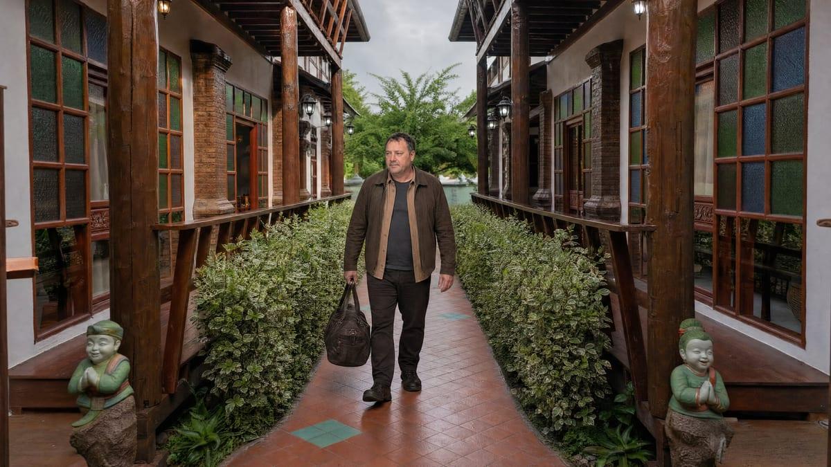 Man carrying his own bag along the timber walkway on the day he arrives