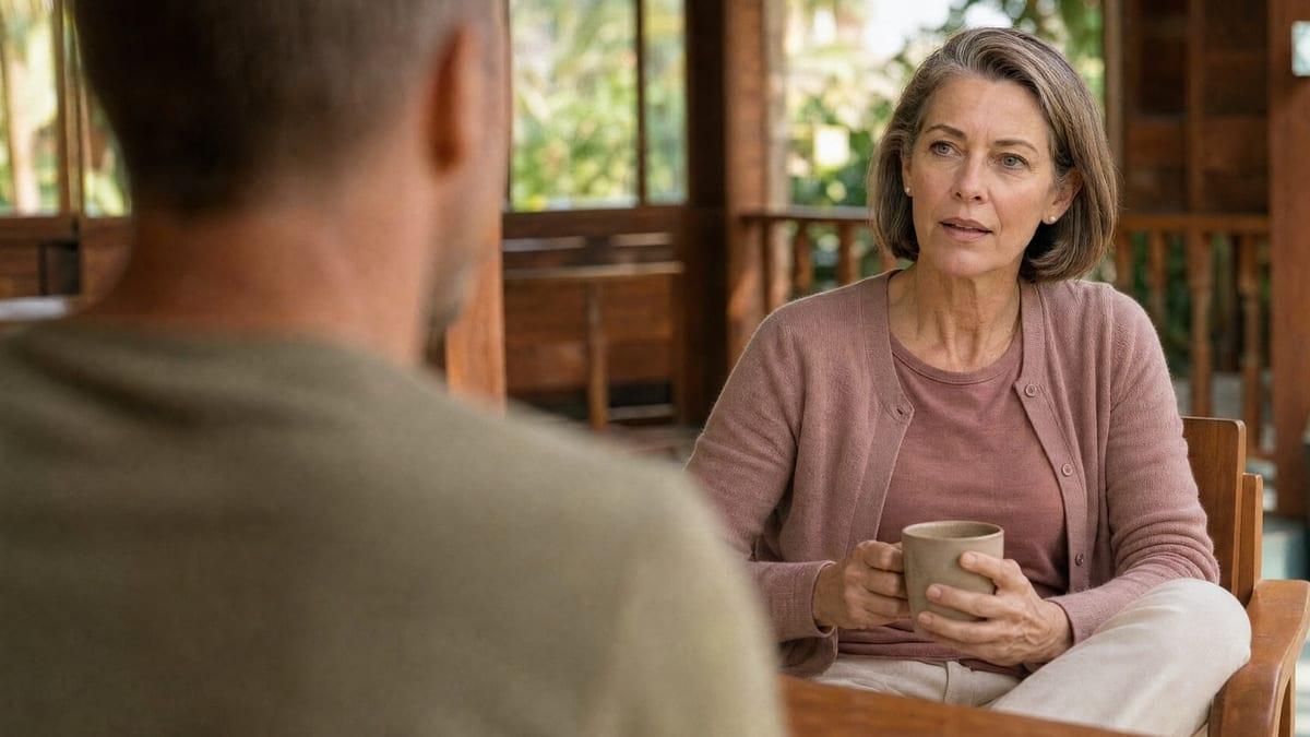 Woman holding a cup in a one to one therapy session on a shaded veranda