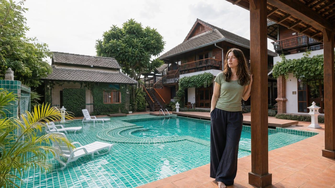 A young woman in early club drug recovery in the garden grounds at Jintara Rehab in Chiang Mai Thailand