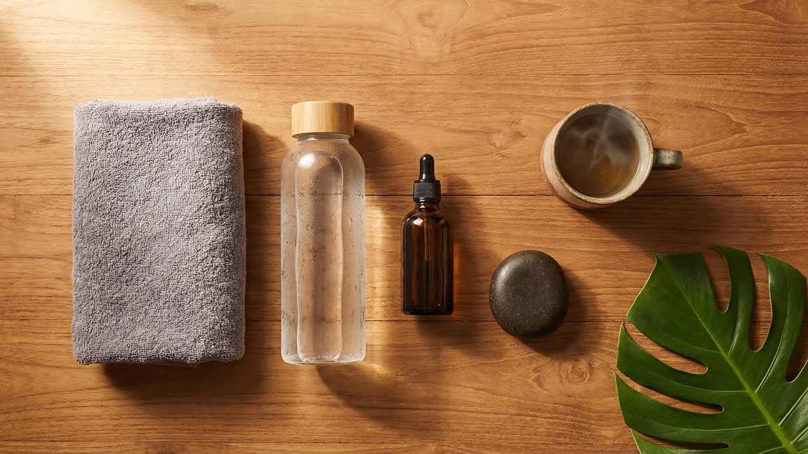 Flat lay of wellness items including towel, water bottle, herbal tea and monstera leaf on warm wood