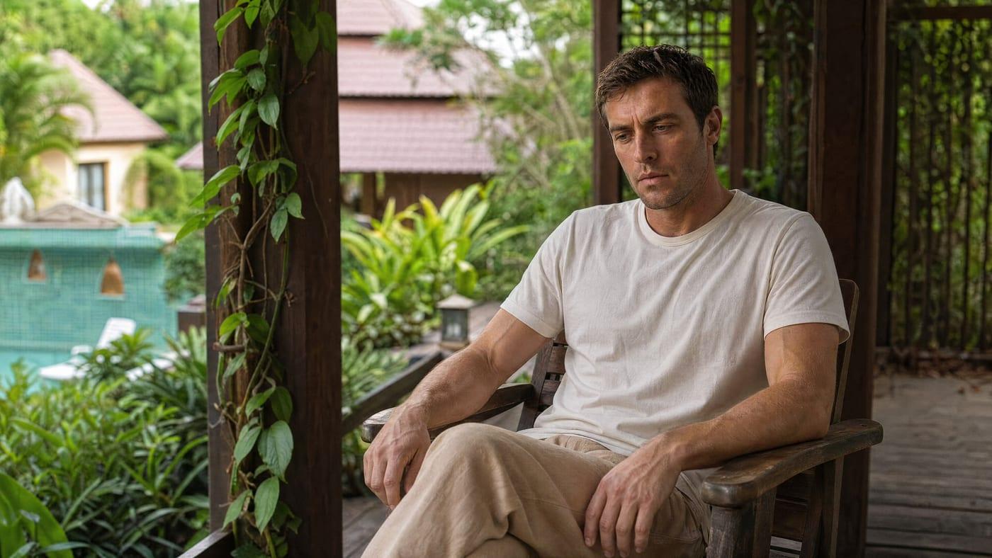 A man rests on a shaded veranda above the pool at Jintara Rehab in Chiang Mai, Thailand, during residential treatment for cocaine use disorder