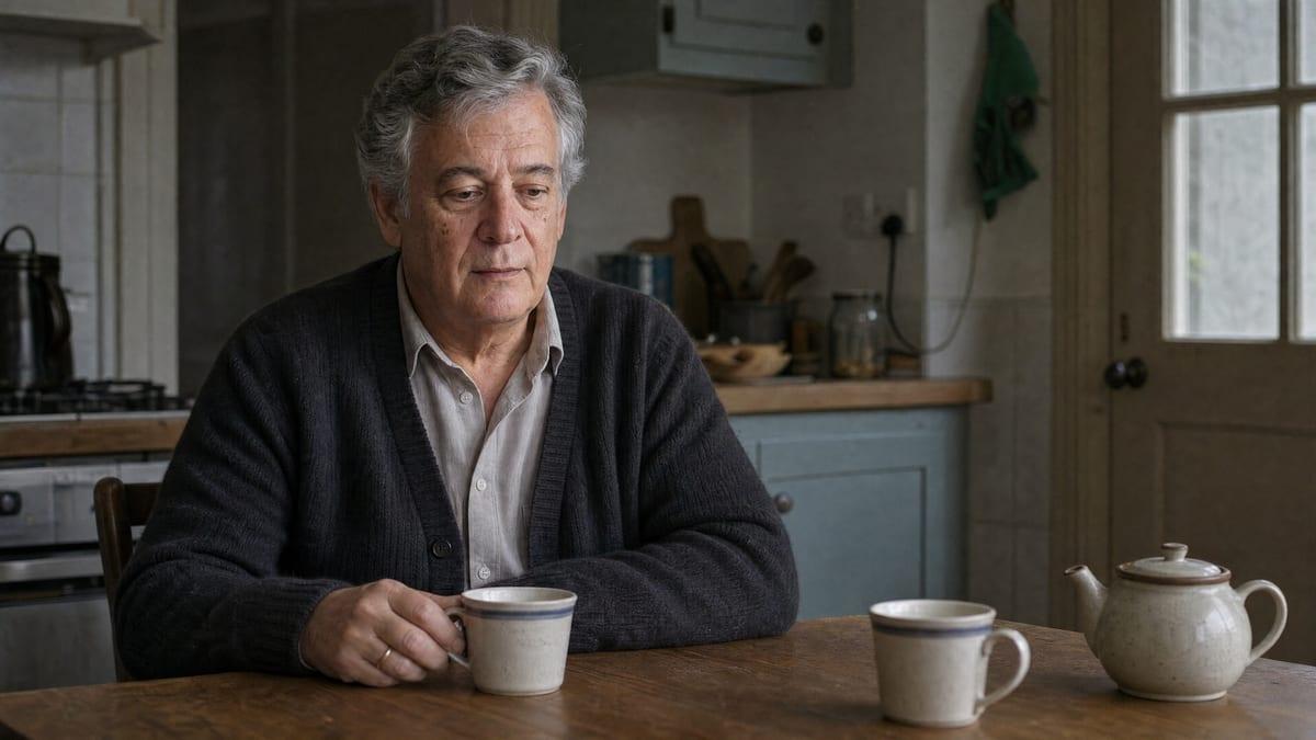 An older man sits alone at a kitchen table with two mugs in soft morning light, where the physical cost of years of cocaine use is usually counted first