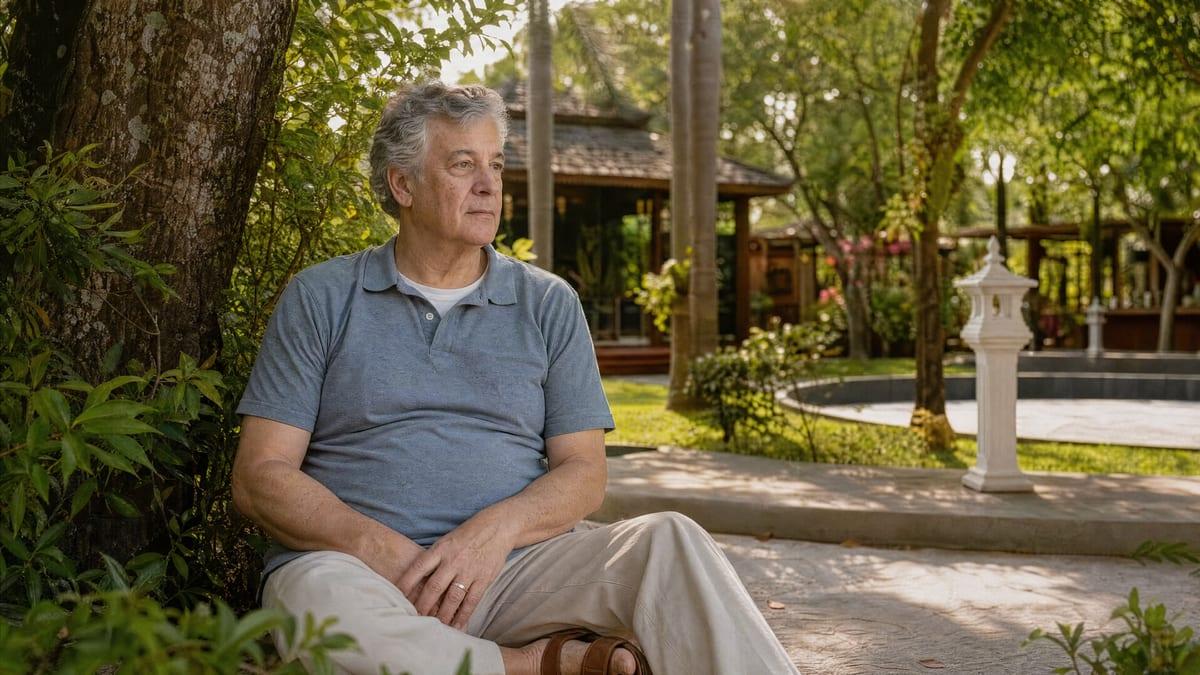 An older man sits in a tropical garden beside a pavilion and water feature at Jintara Rehab in Chiang Mai, during the sustained abstinence in which cardiac function can partly recover