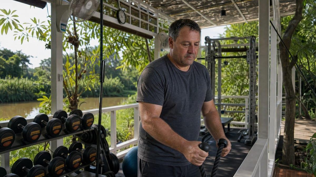 A man trains with equipment in the open sided gym overlooking the river at Jintara Rehab in Chiang Mai, where physical training is scheduled from the first week of a stay