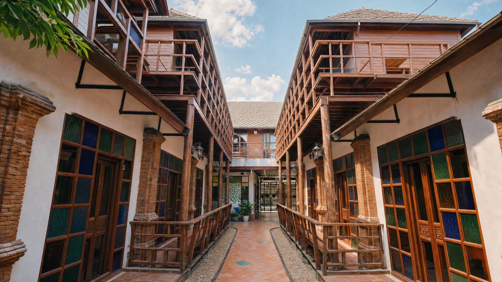 Teak building walkway and courtyard at Jintara Rehab Chiang Mai codeine treatment facility