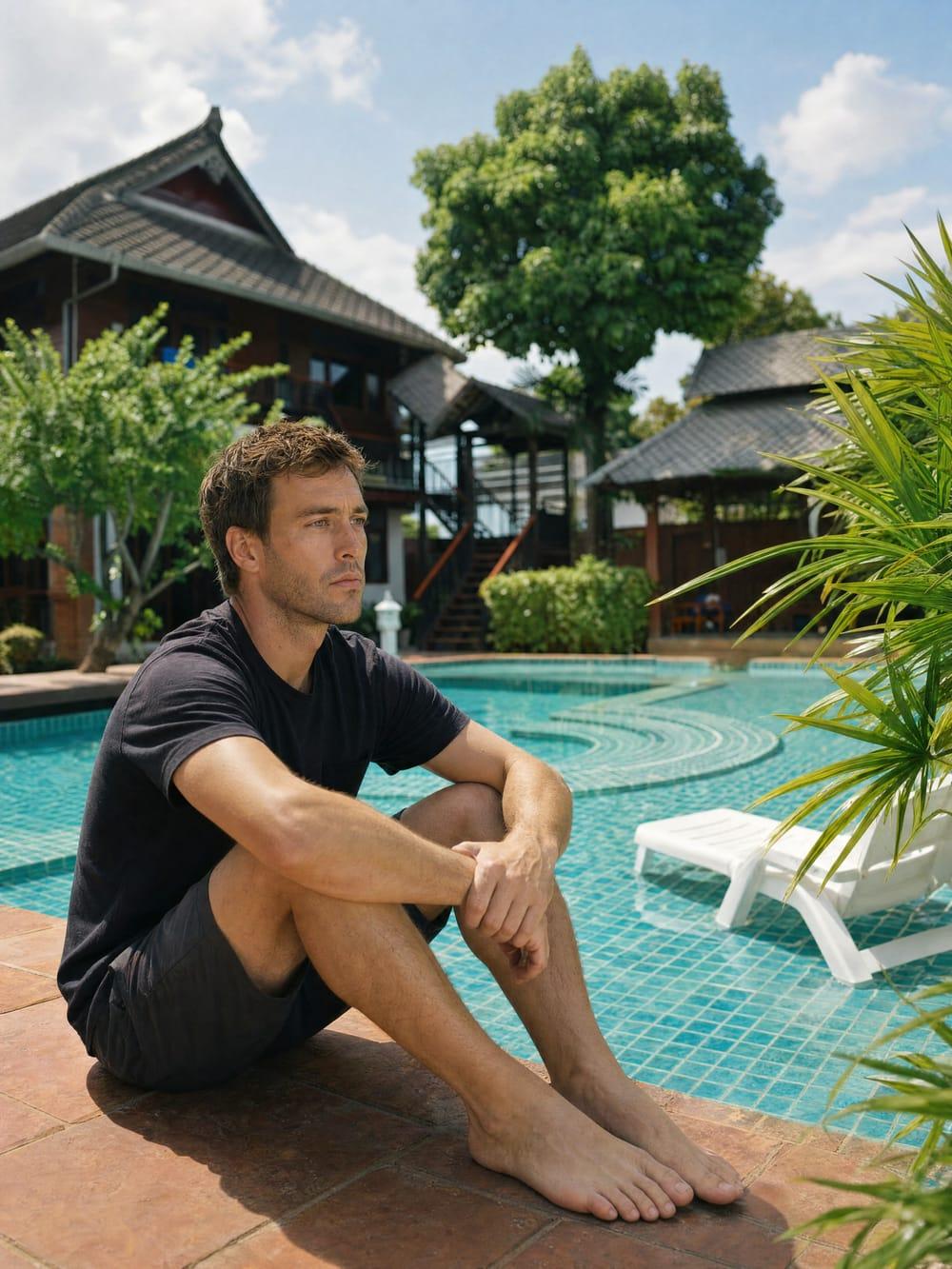Person resting poolside during supported codeine withdrawal at Jintara Rehab Chiang Mai