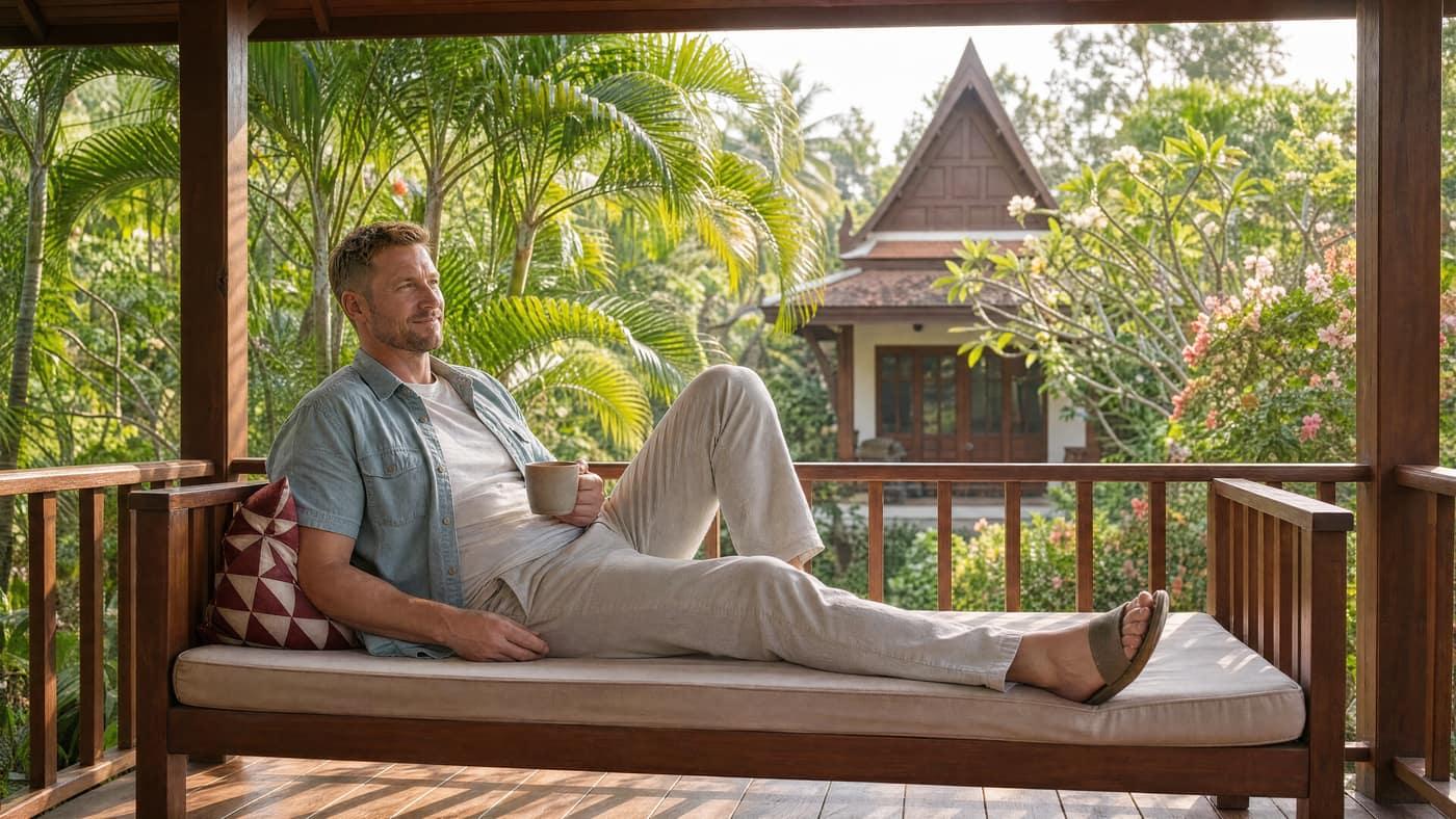 Person resting with tea on a garden veranda at Jintara Rehab Chiang Mai during early recovery from lean addiction