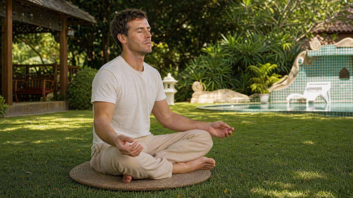 Person meditating on the lawn beside the pool at Jintara Rehab Chiang Mai during treatment for opioid and sedative dependence