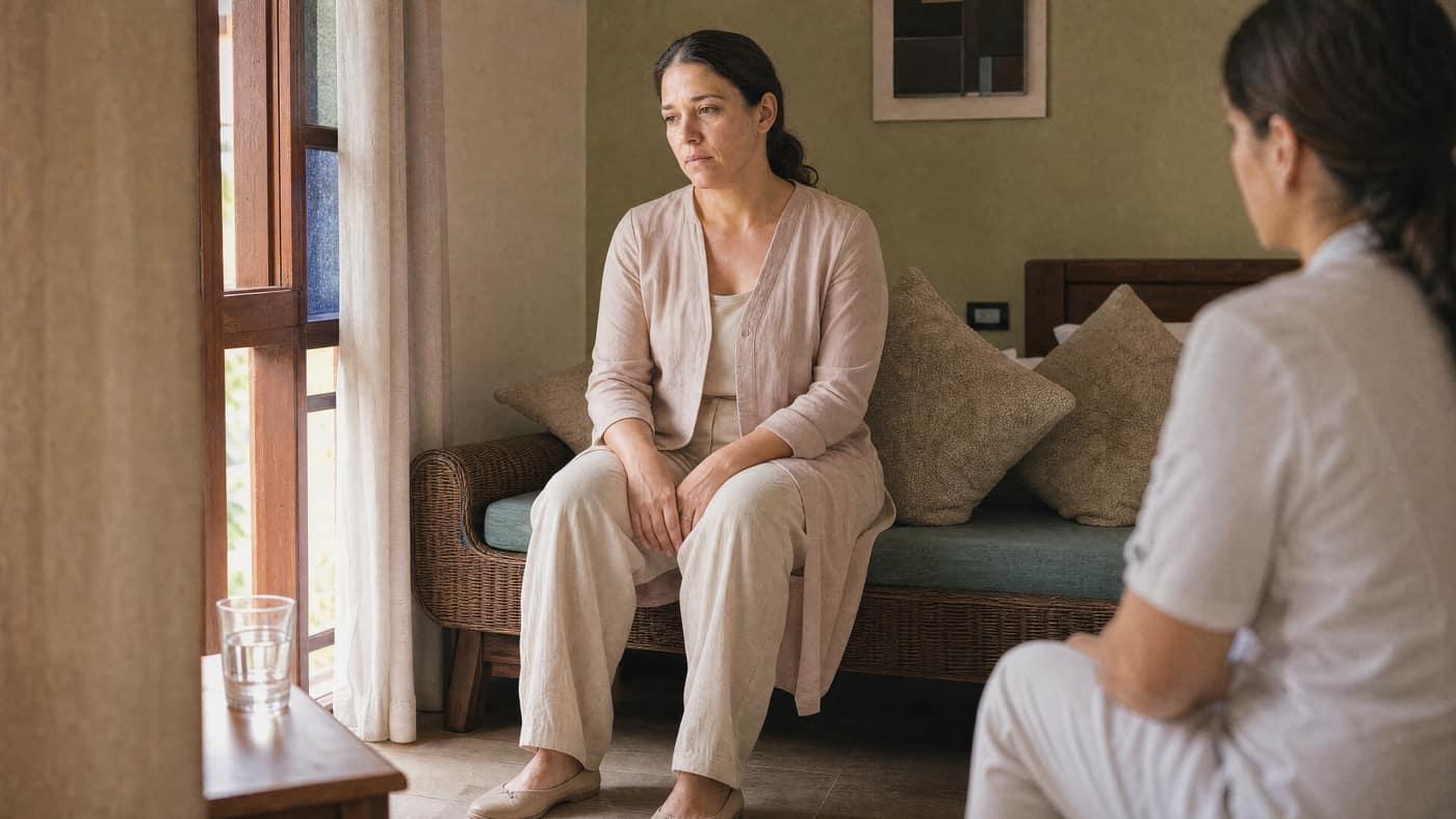 Person meeting a nurse in a private room at Jintara Rehab Chiang Mai during medically supervised opioid detox