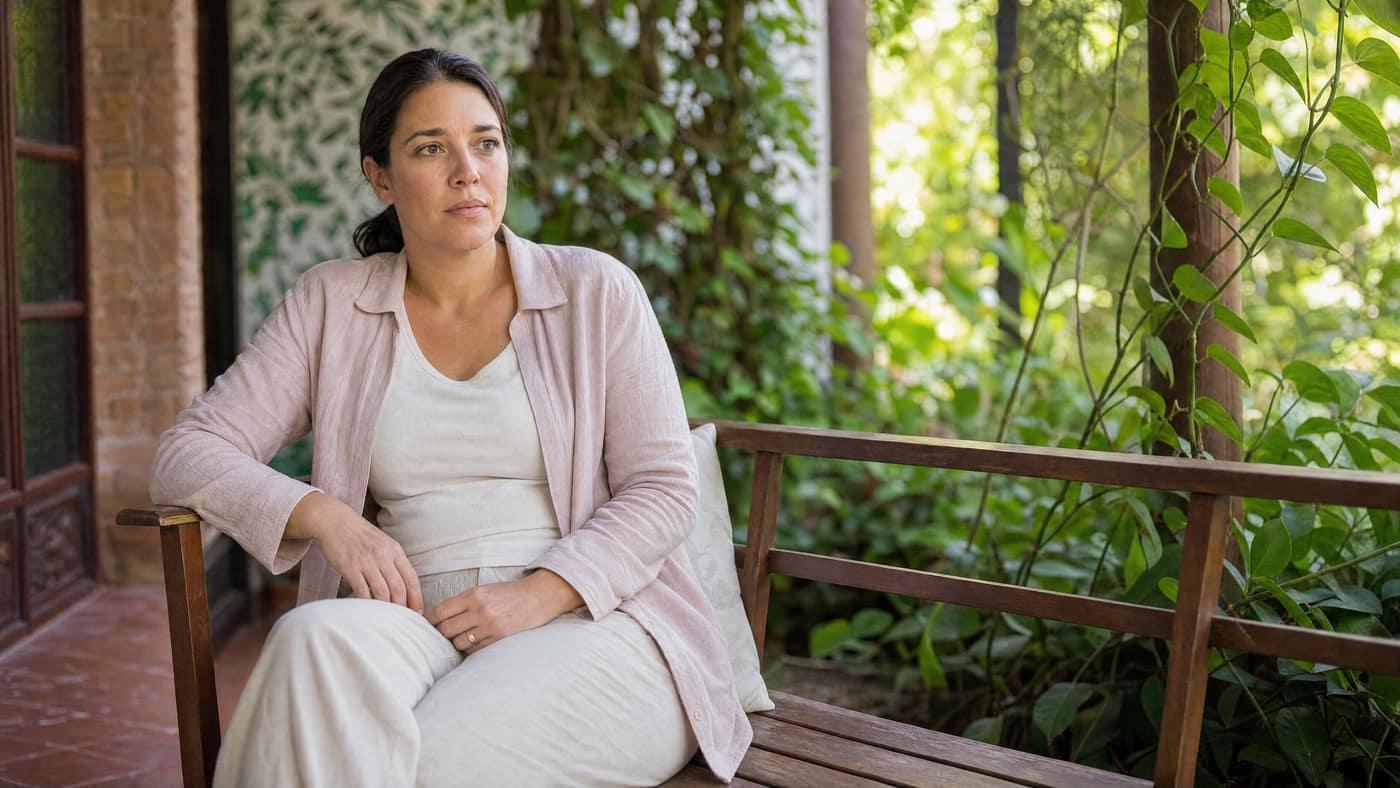 Person sitting on a garden bench at Jintara Rehab Chiang Mai reflecting during residential opioid treatment