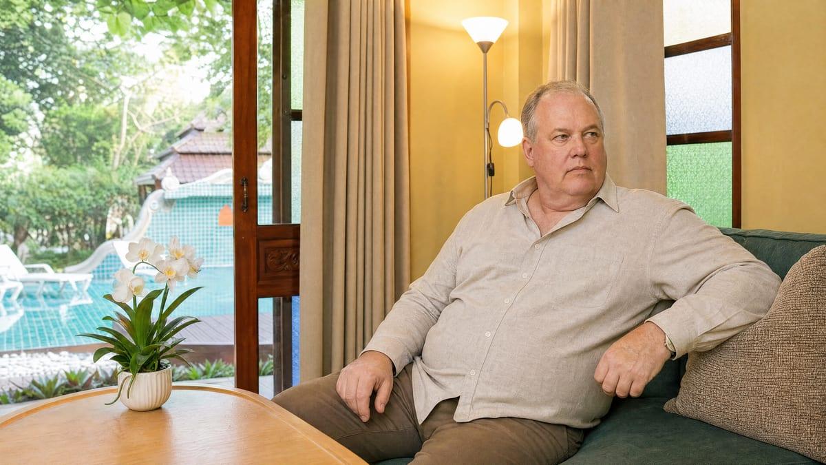 A man sits settled on a lounge sofa by the pool doors at Jintara rehab in Chiang Mai