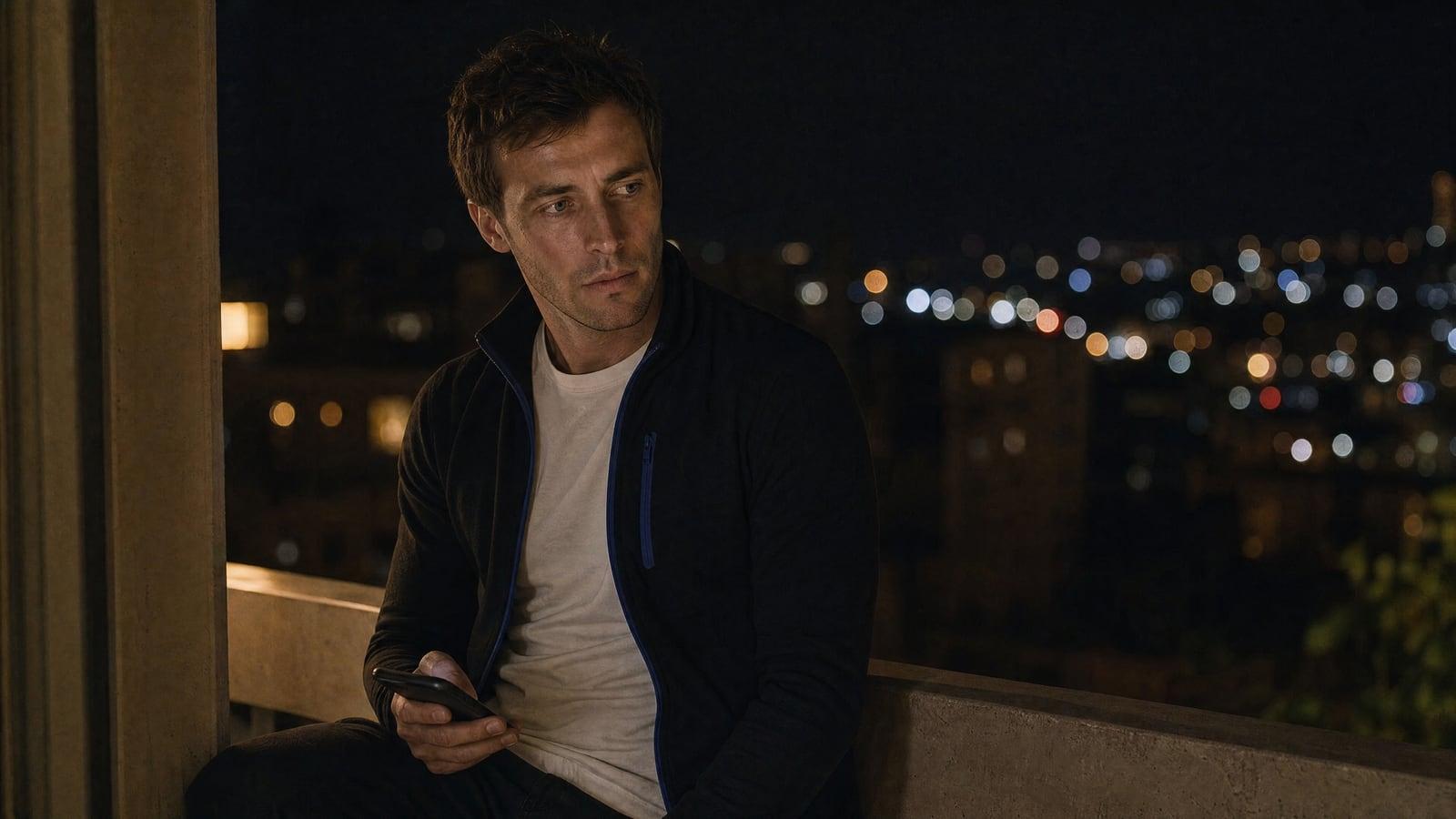 Man sitting alone on a balcony at night holding a phone with a flat tired expression, city lights behind him
