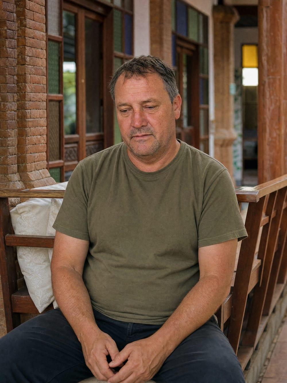 Man in his fifties sitting quietly on the timber veranda bench at Jintara, stained glass behind him