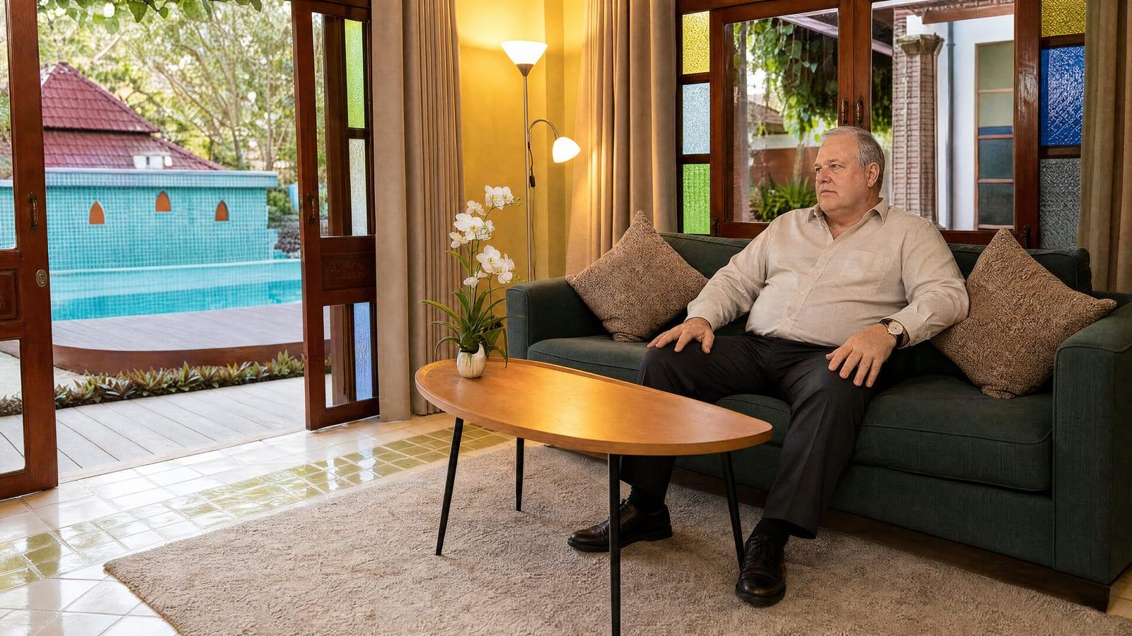 Man sitting settled in a bright Jintara lounge with a pool view in Chiang Mai where ADHD and addiction are treated together