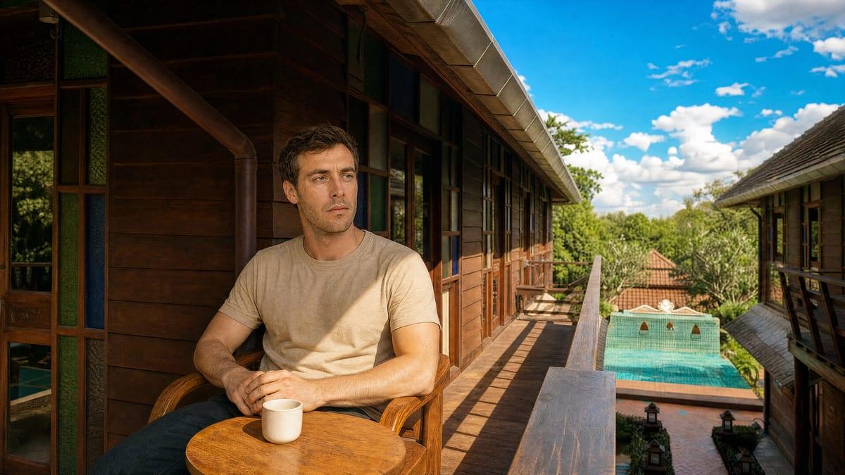 Client sitting reflectively with coffee on a sunlit Jintara terrace during ADHD and addiction treatment in Chiang Mai Thailand