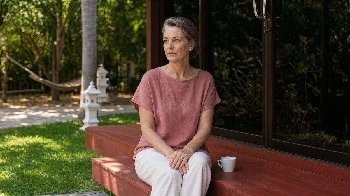 Woman sitting calmly with coffee on a Jintara garden veranda during aftercare for ADHD and addiction recovery Chiang Mai Thailand