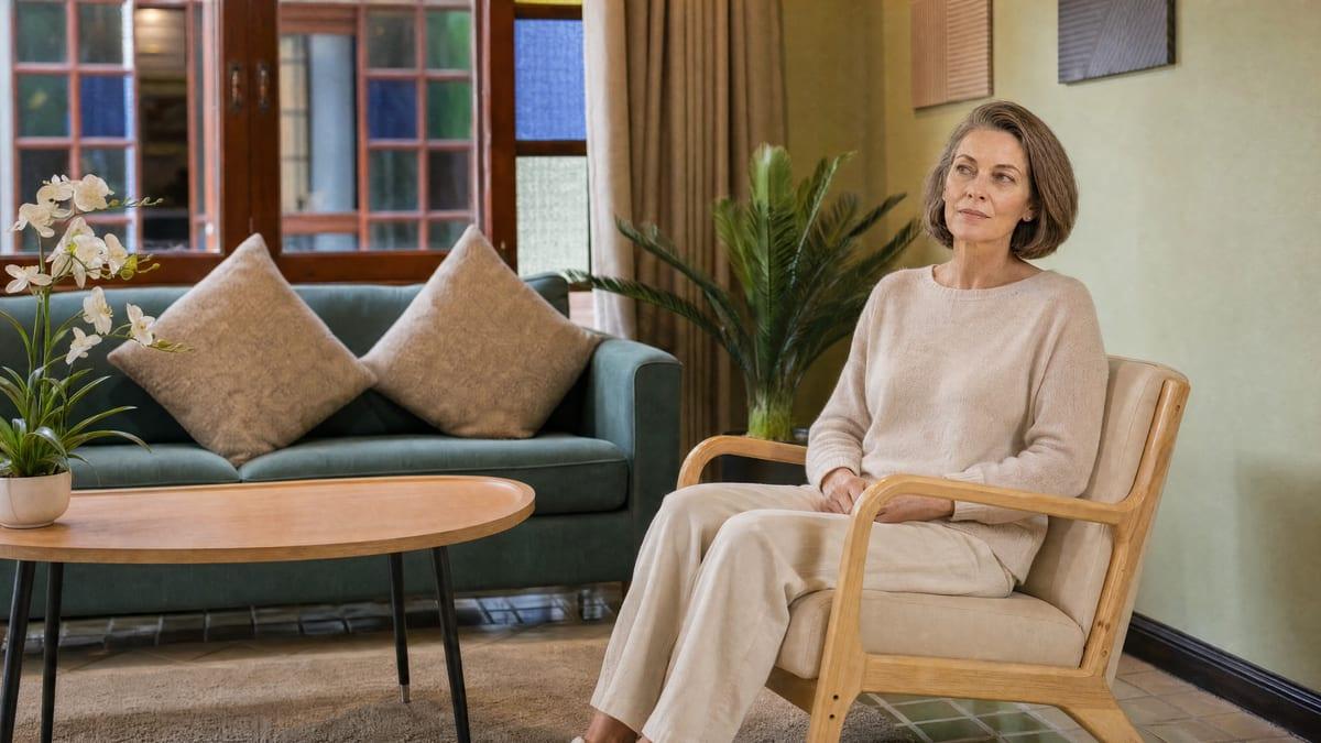 Woman sitting calmly in a bright Jintara lounge as her diagnosis is clarified over the first weeks