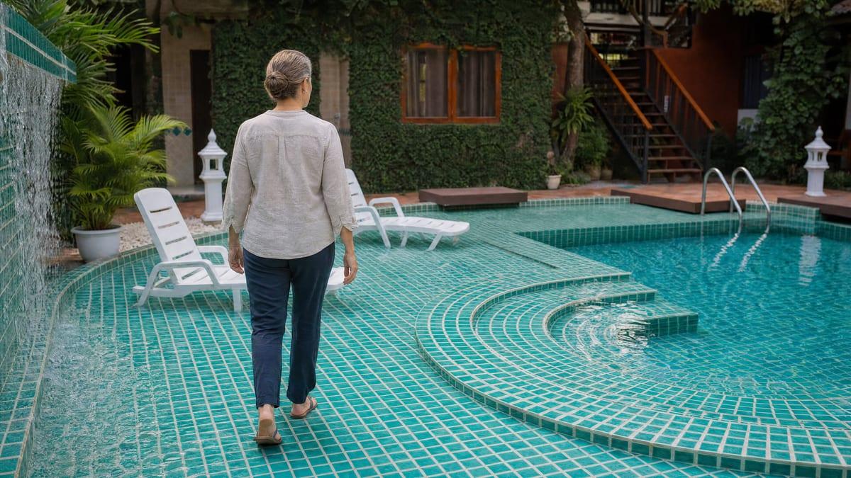 Client walking the poolside at Jintara Rehab Chiang Mai while planning a sustainable return to professional life