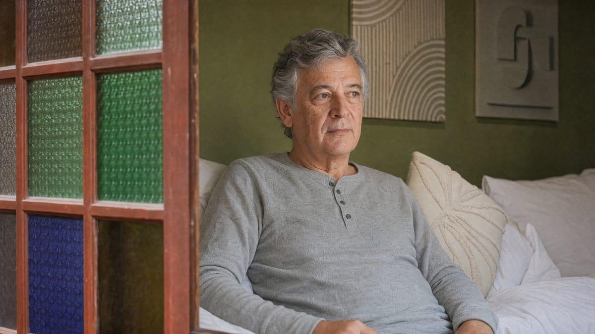 An older man resting on a bed beside a bright window in a private room at Jintara Rehab