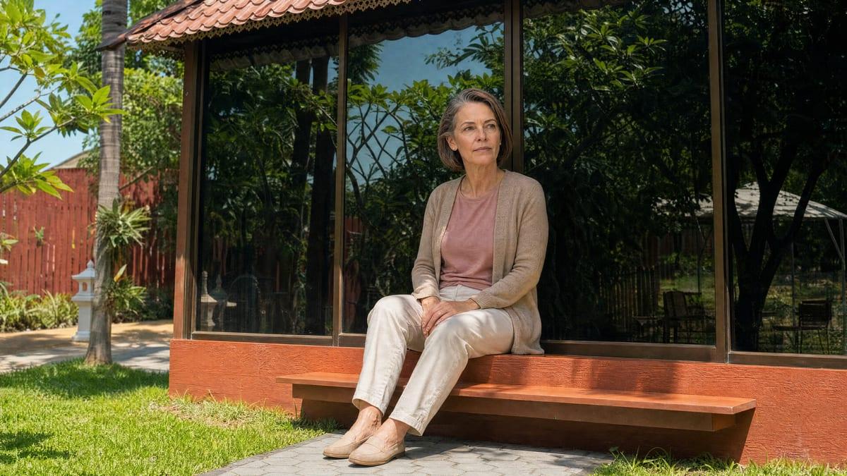 A woman sitting rested on a garden bench outside a glass pavilion at Jintara Rehab Chiang Mai