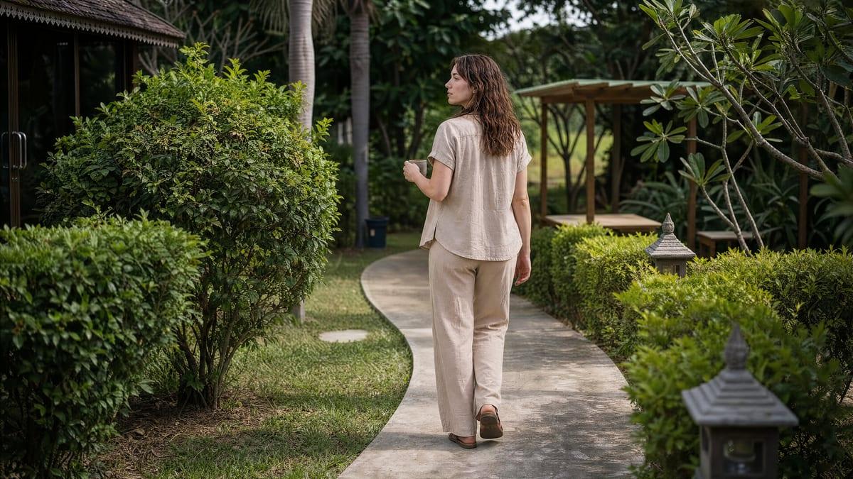 Woman walking a garden path with a coffee, seen from behind, at a Chiang Mai rehab