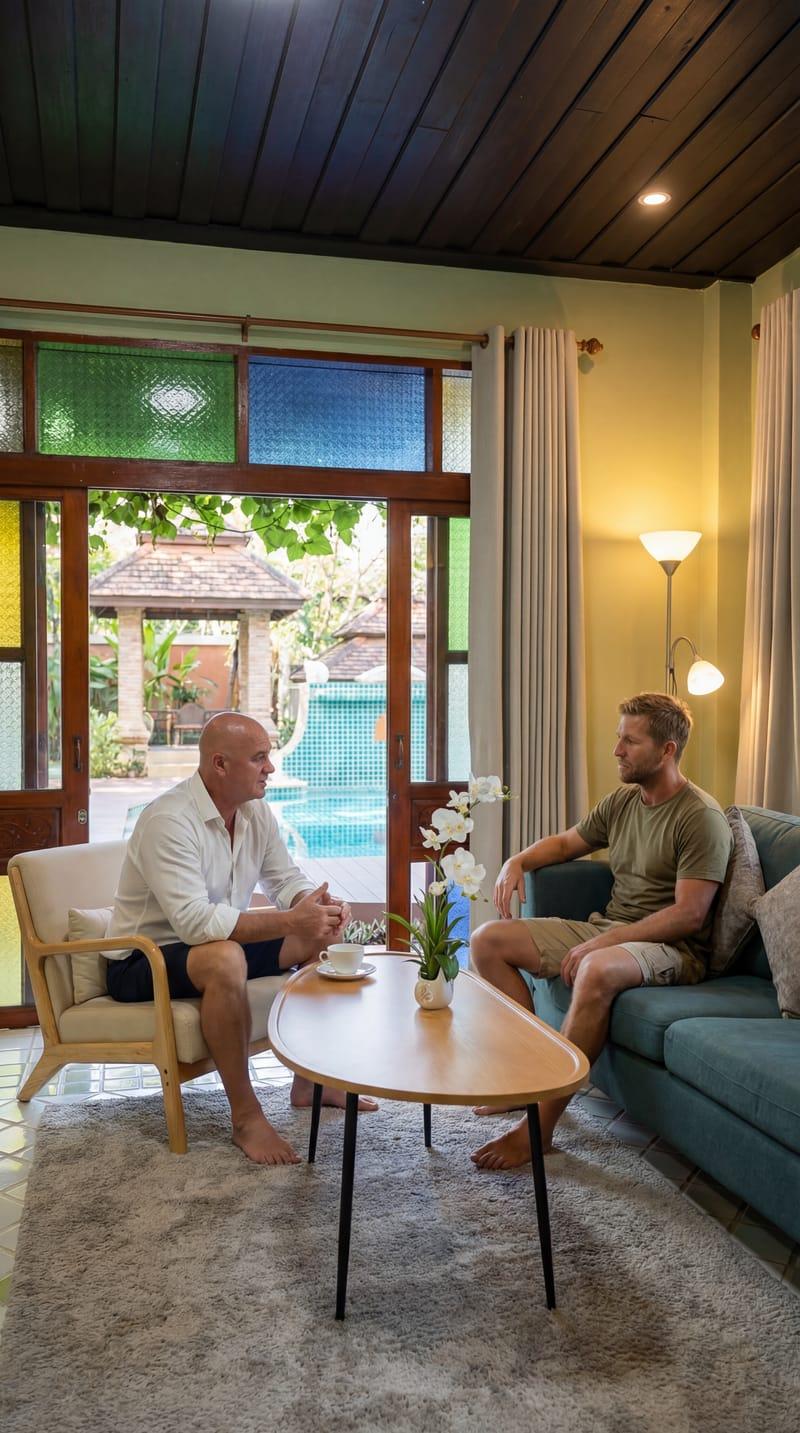 Two men in quiet one-on-one conversation in a warm lounge with pool view at Jintara Rehab Chiang Mai