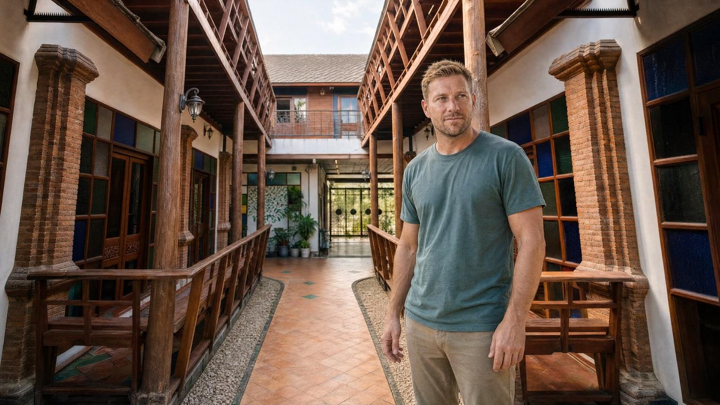 A man in early fentanyl recovery in the timber-building grounds at Jintara Rehab in Chiang Mai Thailand