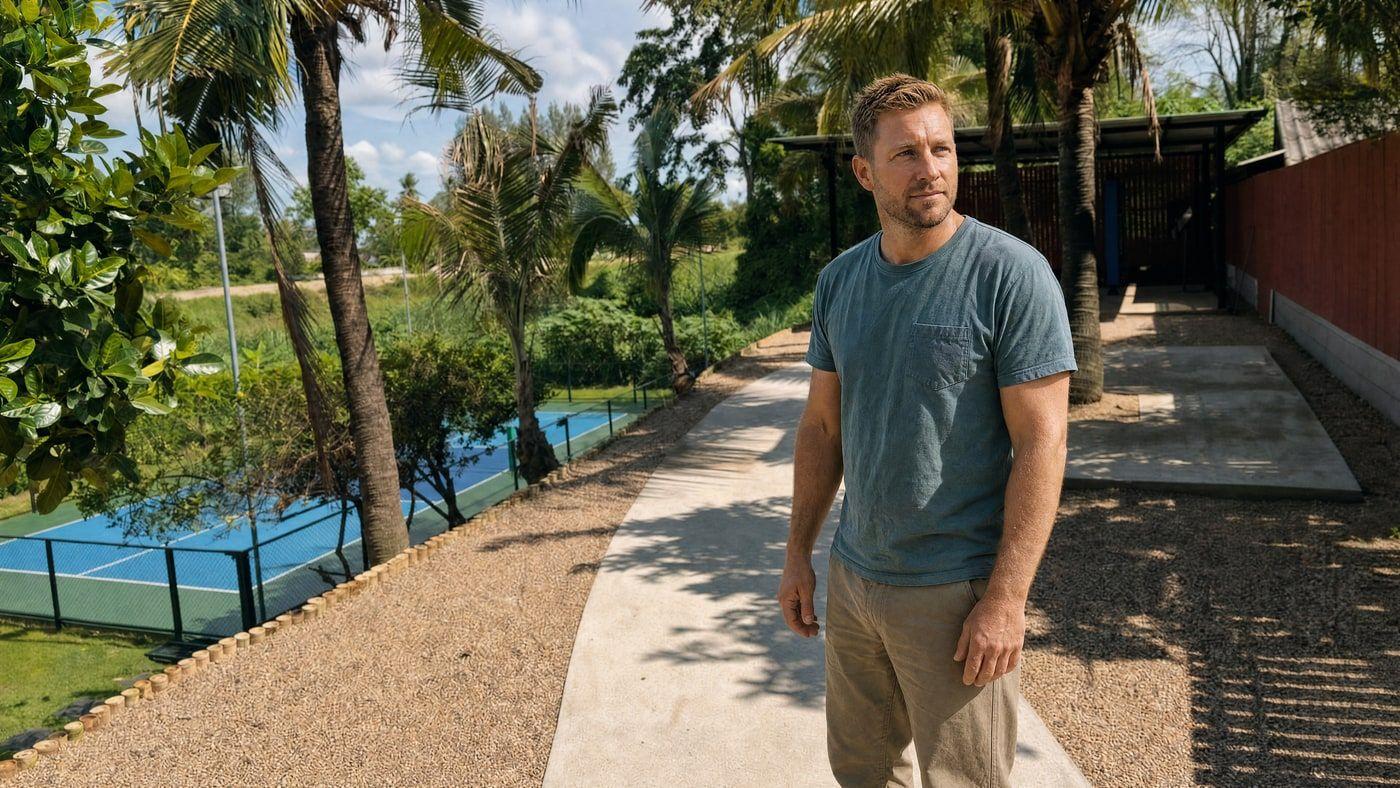 A man arriving at Jintara Rehab, on the garden path beside the courts in Chiang Mai