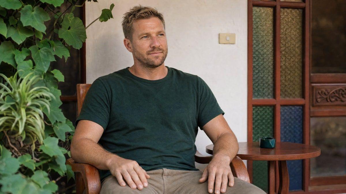 A man sitting settled and at ease on a garden porch at Jintara Rehab in Chiang Mai