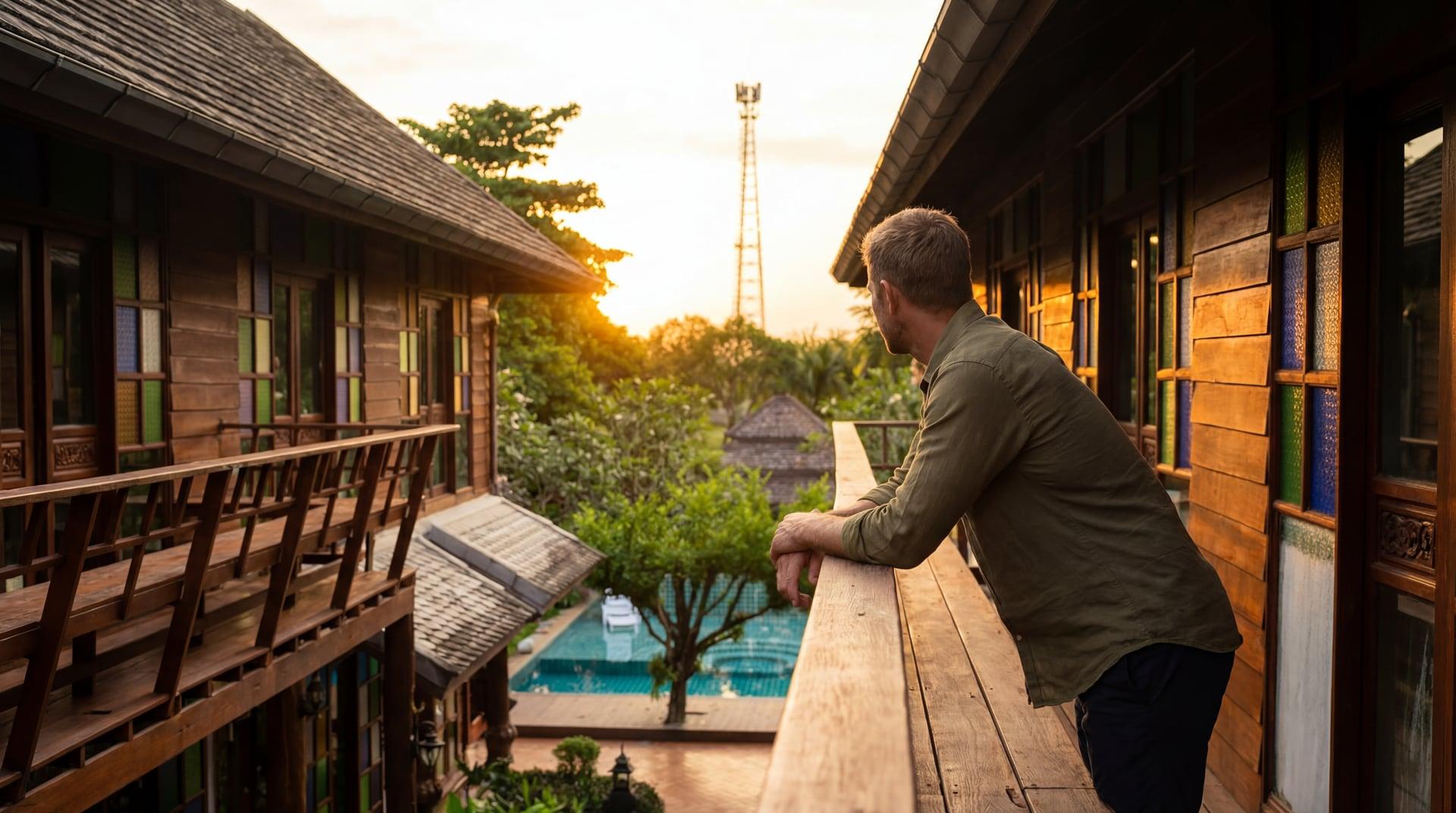 The walkway between Jintara Rehab's timber buildings at sunset, with a figure looking out from the balcony toward the pool and gardens.