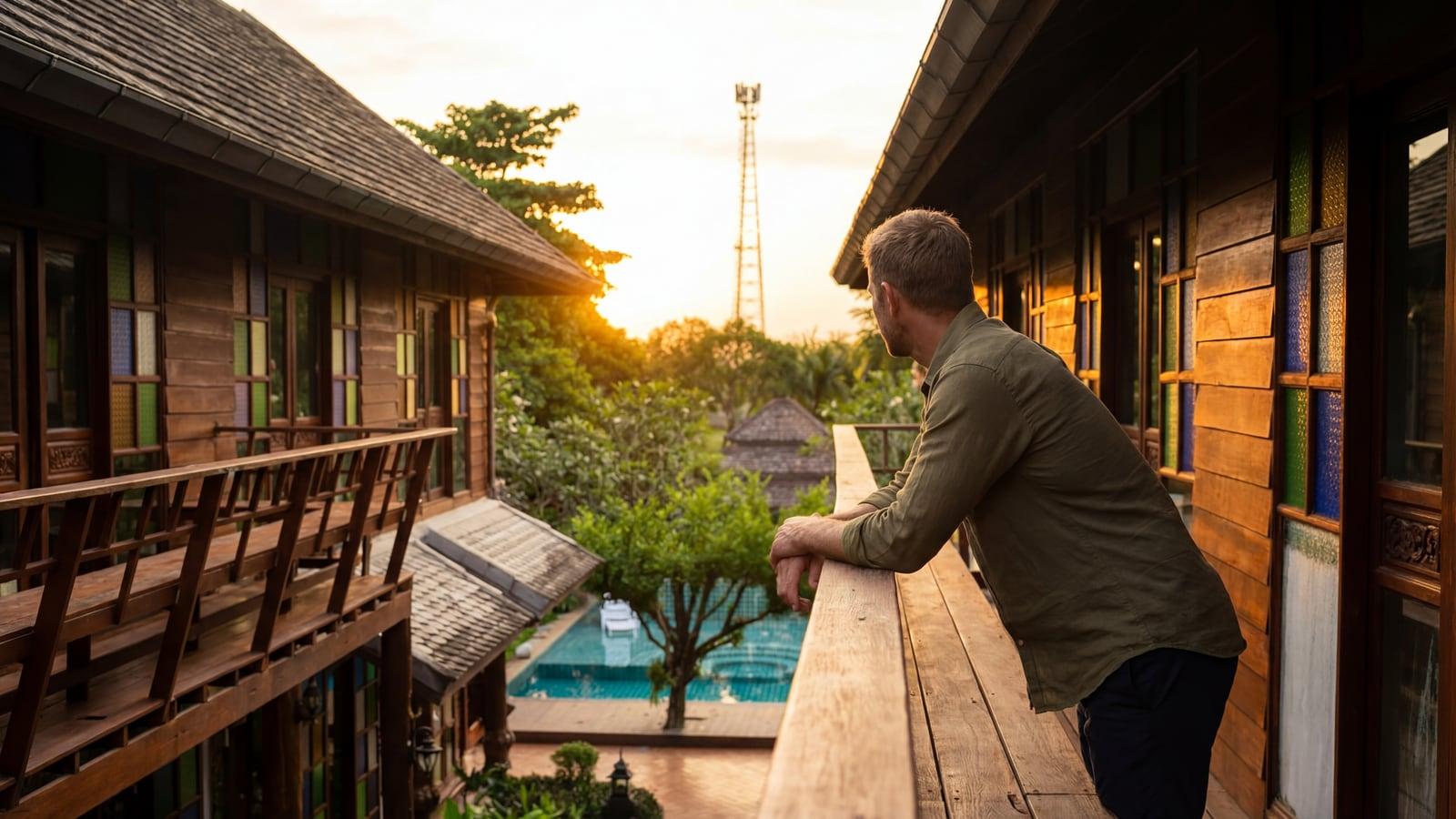 Jintara Rehab compound walkway at sunset in Chiang Mai, where gabapentin and opioid co-dependence is treated under 24-hour medical supervision