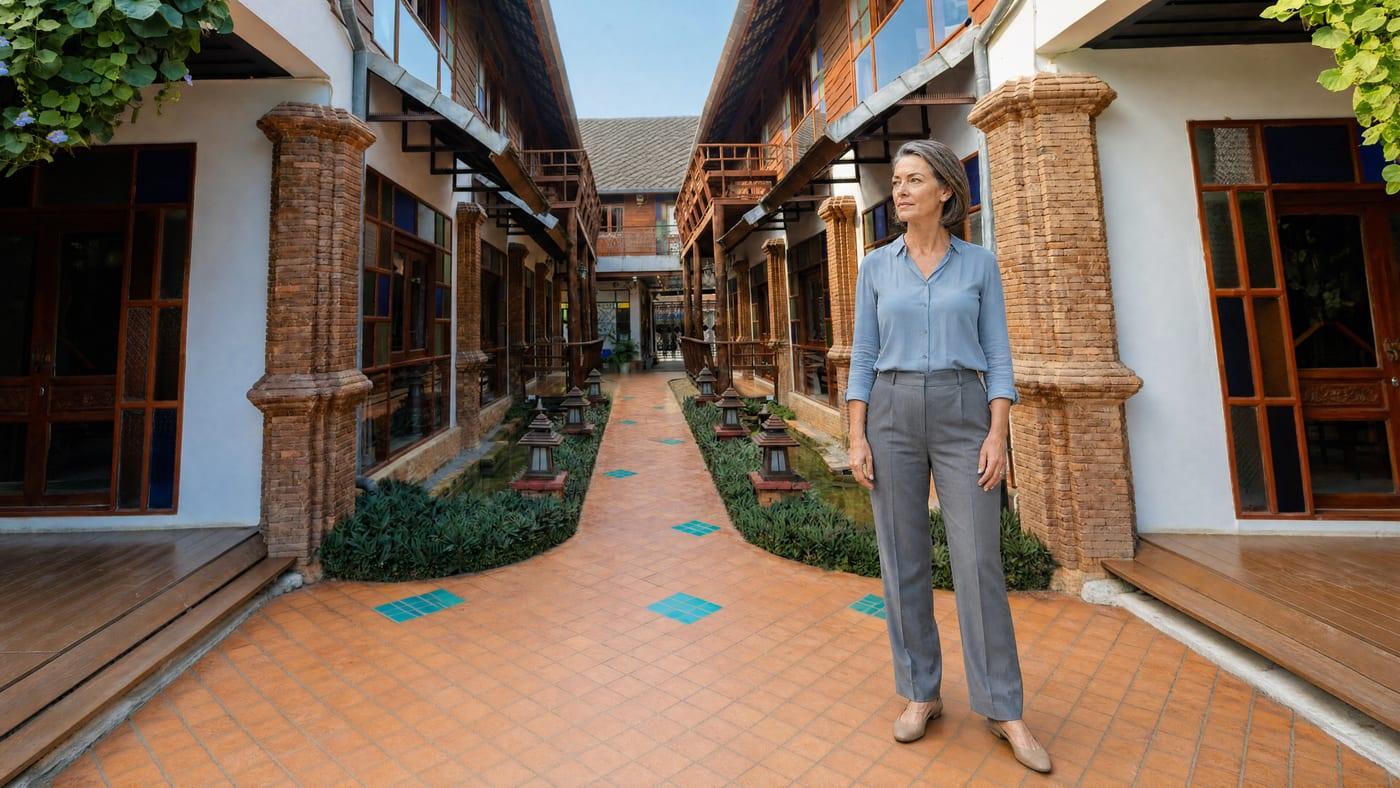 A woman in early recovery standing in the Lanna timber courtyard at Jintara Rehab in Chiang Mai, Thailand
