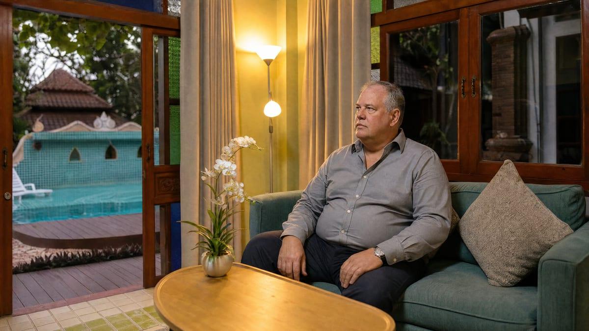 A man sitting in a private lounge at Jintara Rehab Chiang Mai during GHB dependence treatment