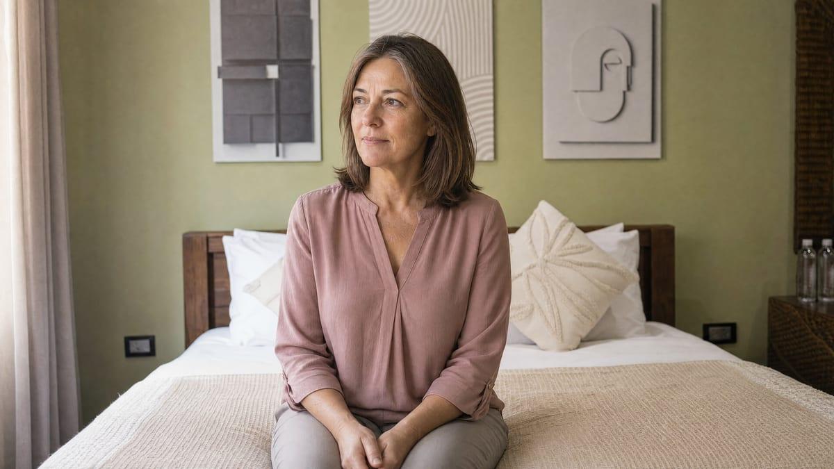 A woman sits quietly on the edge of her bed in a calm green guest room at Jintara Rehab