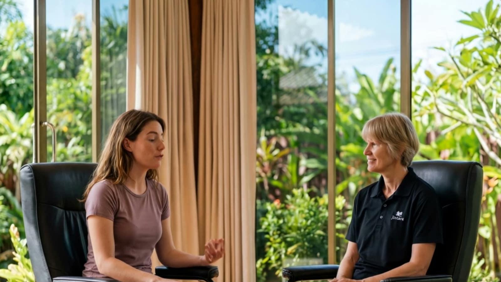 Therapist and client in armchairs during individual session at Jintara Rehab Chiang Mai