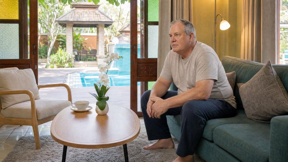 A man sits alone on a sofa in a quiet lounge with the pool visible through open doors, working through whether his performance ever depended on cocaine