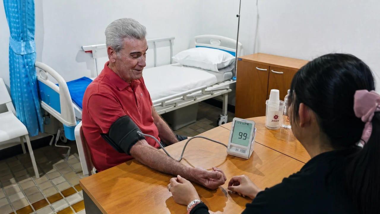 Nurse checking a client's blood pressure during a medical assessment at Jintara Rehab, Chiang Mai