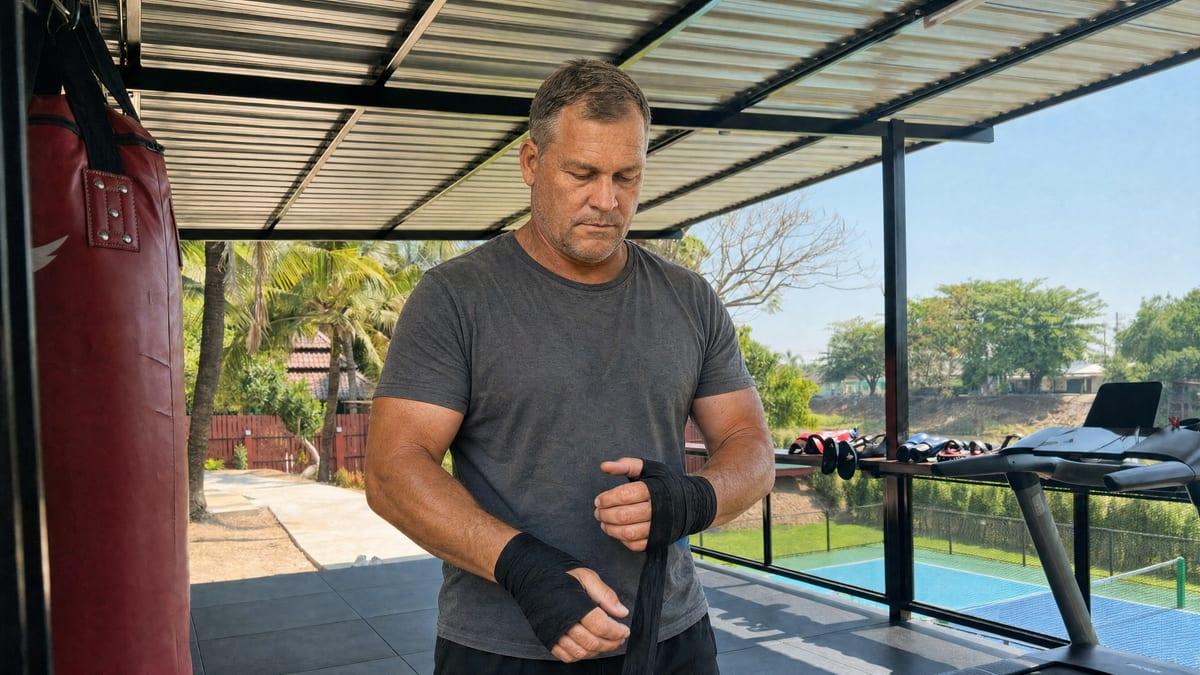 Man wrapping his hands in a covered outdoor gym with a punching bag at a Chiang Mai rehab