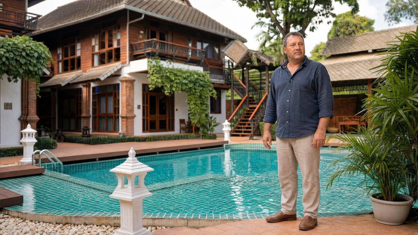 A man standing by the turquoise pool in the tropical grounds at Jintara Rehab Chiang Mai