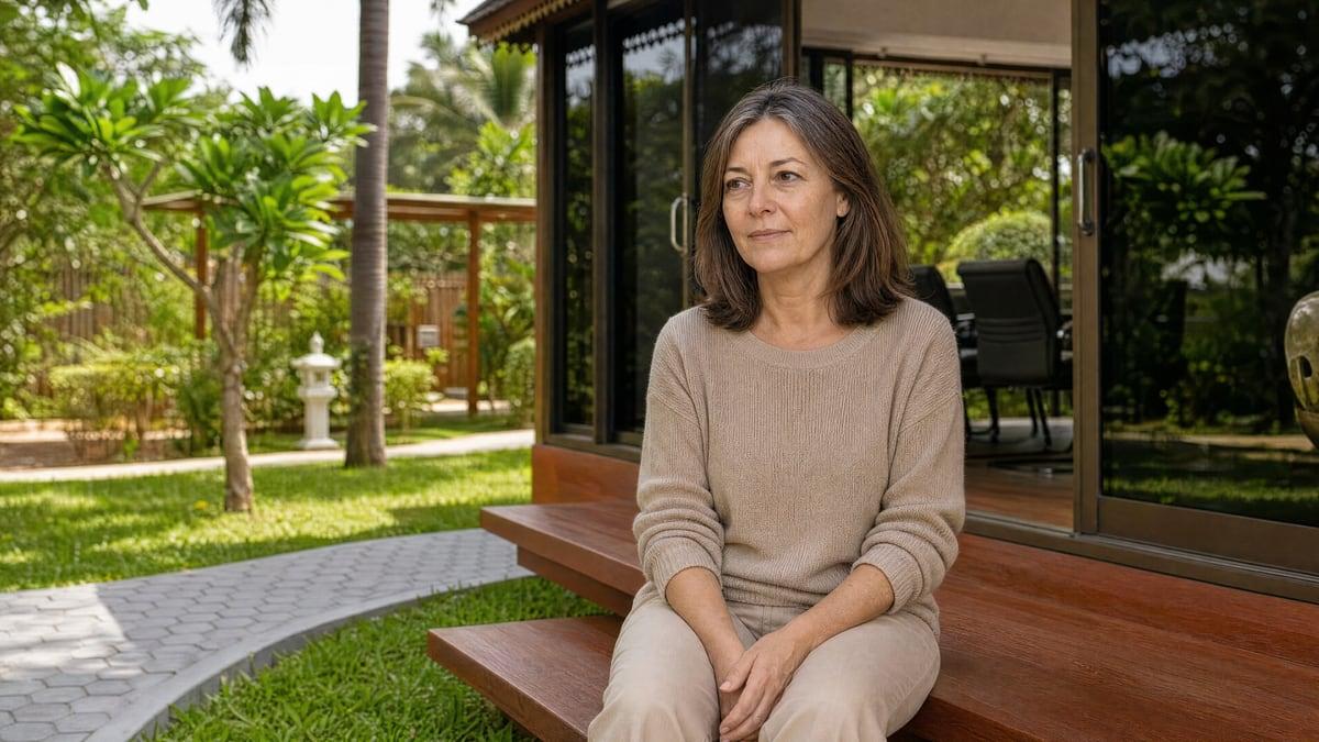 A woman seated on a bench outside the glass therapy pavilion at Jintara Rehab Chiang Mai