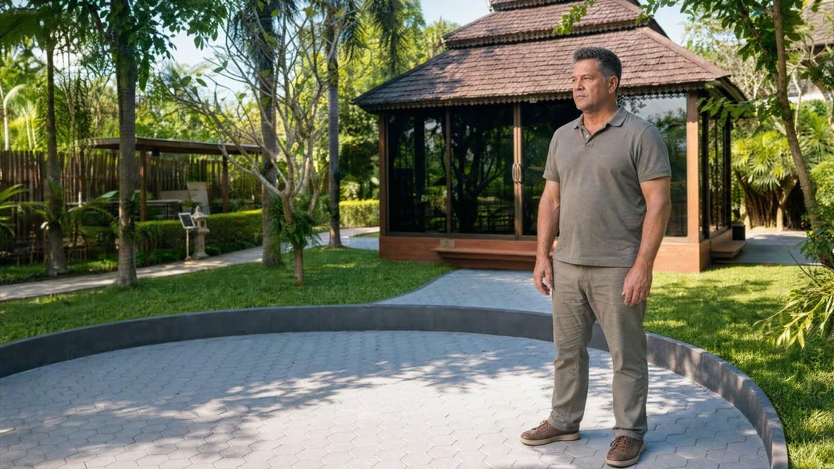 A man standing in the garden courtyard before the therapy pavilion at Jintara Rehab Chiang Mai