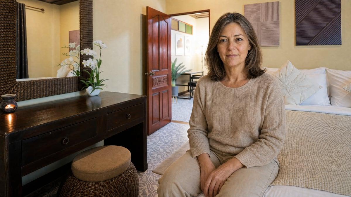 A woman sitting calmly in a warm private room at Jintara Rehab Chiang Mai