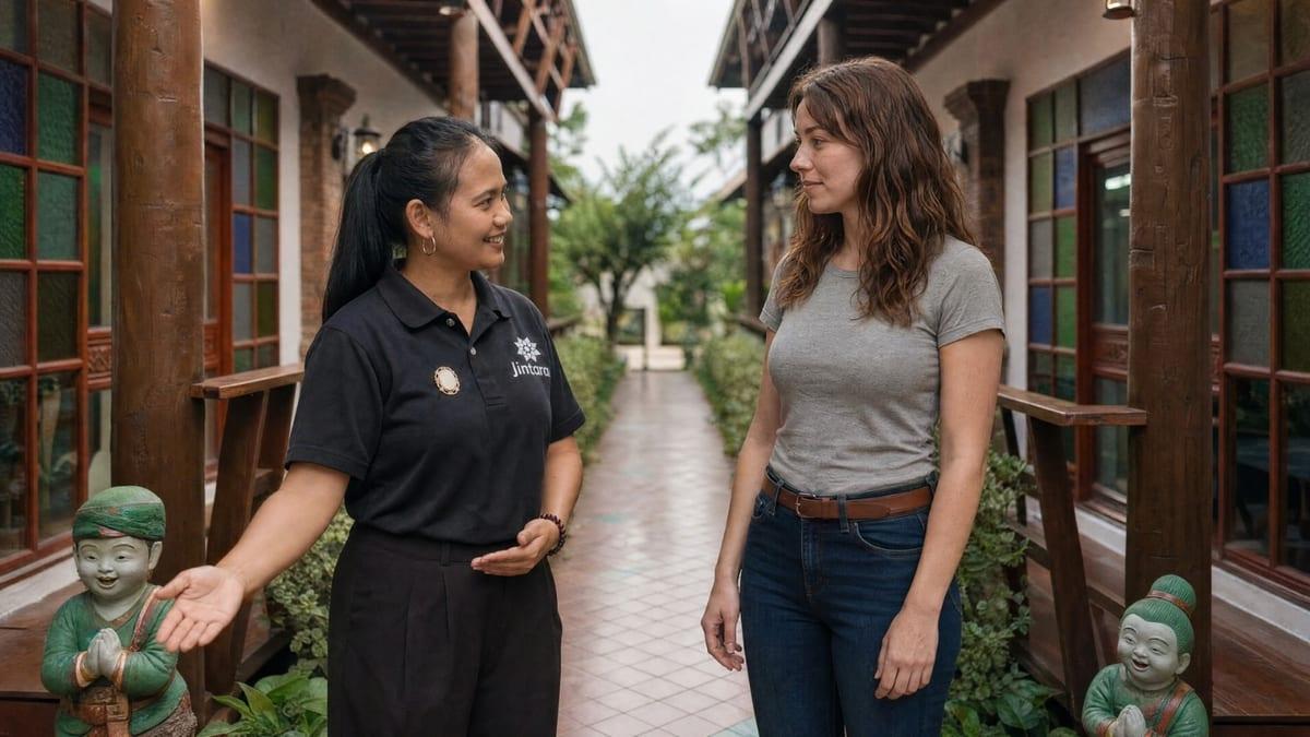 A Jintara staff member welcomes a working professional in the stained-glass courtyard at Jintara Rehab in Chiang Mai Thailand